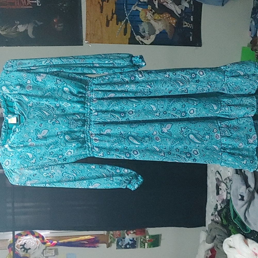 A cute long green and purple dress/ flowers